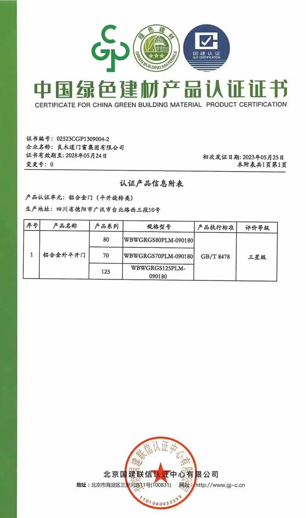 良木道集团荣获中国绿色建材产品三星认证